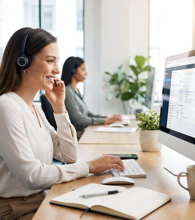 woman, office, work, desk, business, notebook, workplace, write, team, monitor, computer, mouse, screen, office work, headset, hotline, call center, communication, service, consulting, secretary, ai generated